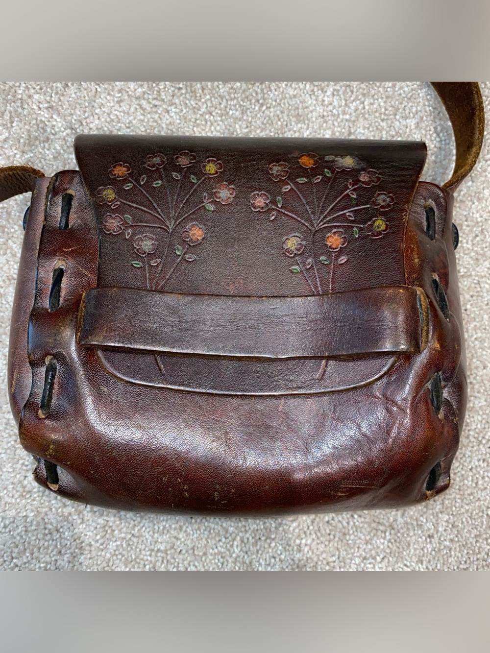 Vintage 60s / 70s Tooled Leather Hippie Boho Purse Shoulder Bag Brown Rare - Picture 2 of 10